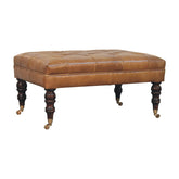 California Walnut Buffalo Tan Leather Ottoman with Castor Legs